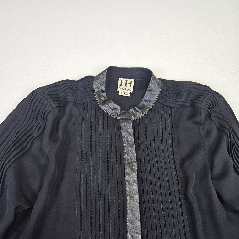 Haute Hippie 100% Silk Blouse S Leather Trim Tuxedo Pintuck Black Sheer Luxury - Picture 6 of 16